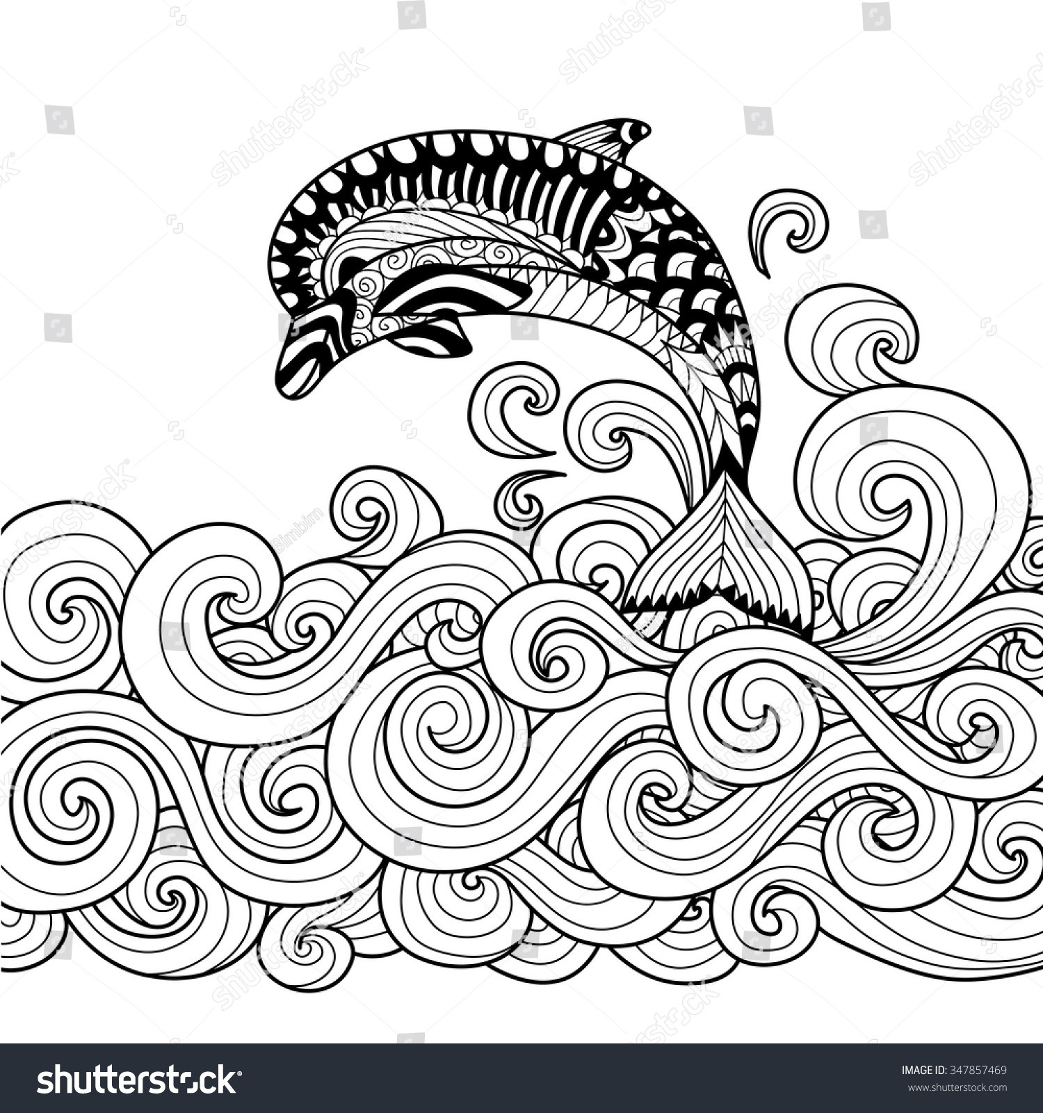 Ocean Waves Coloring Pages For Adults
 Hand Drawn Zentangle Dolphin Scrolling Sea Stock Vector