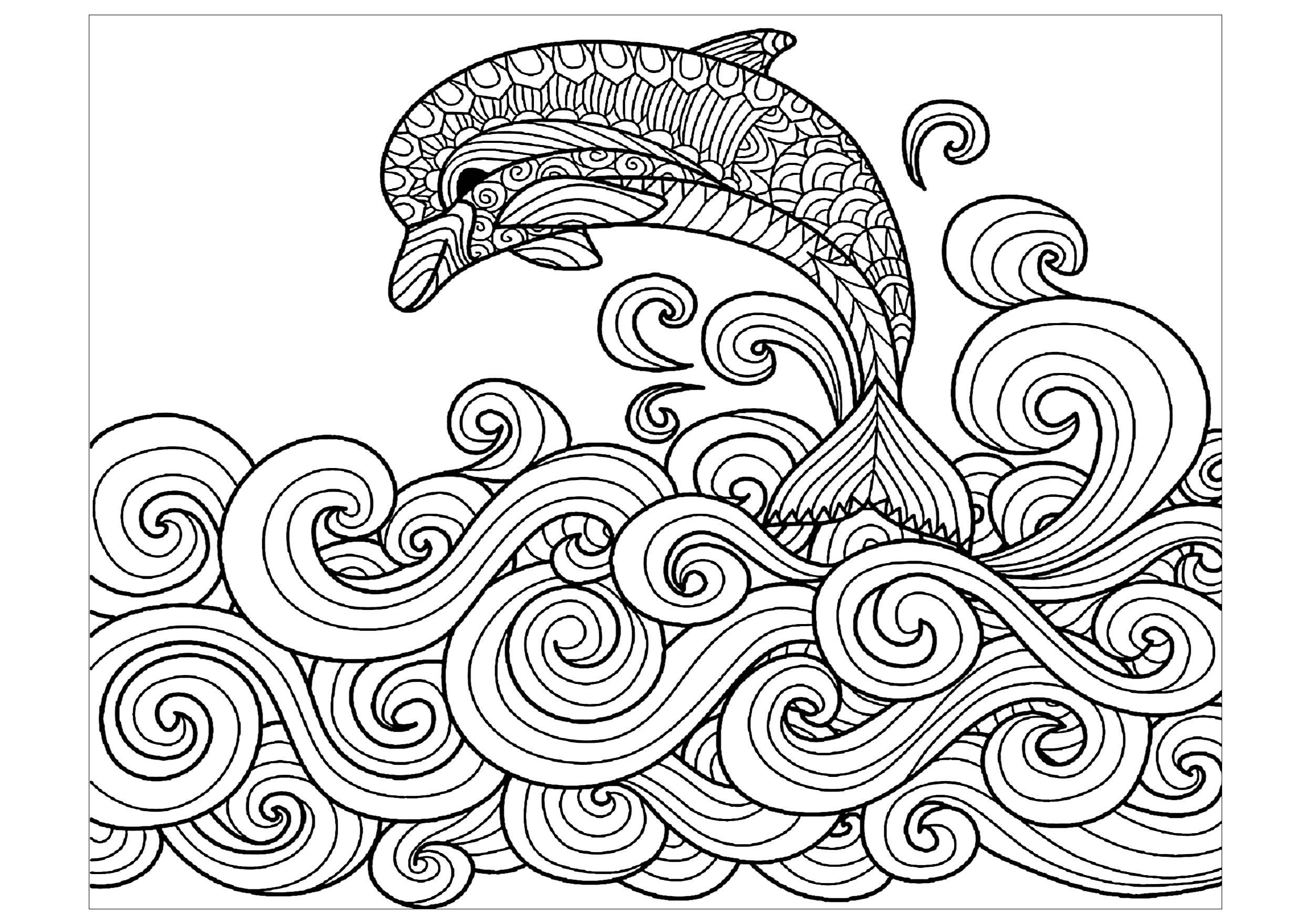Ocean Waves Coloring Pages For Adults
 Dolphin waves Dolphins Adult Coloring Pages