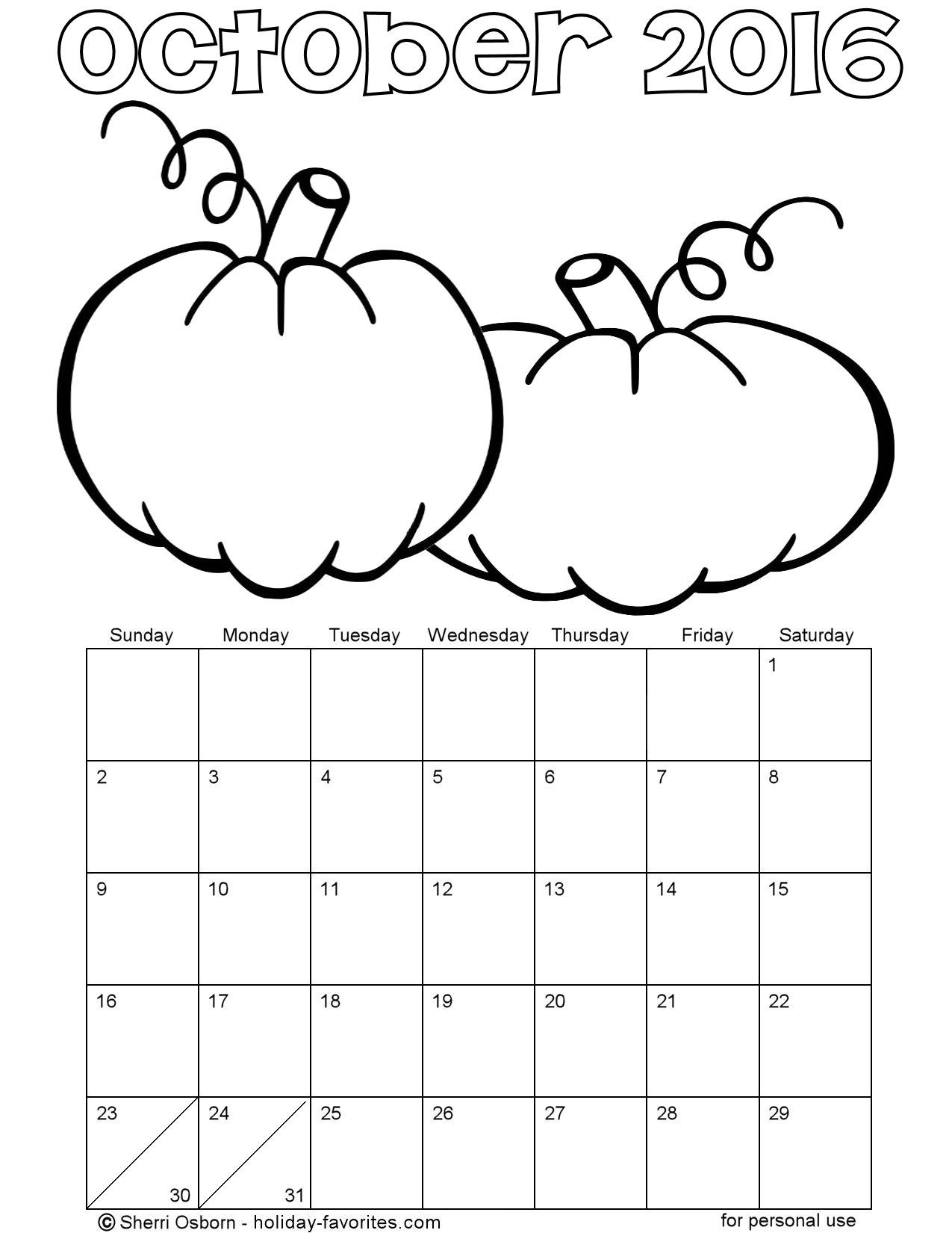 October Printable Coloring Pages
 Printable October 2016 Calendars