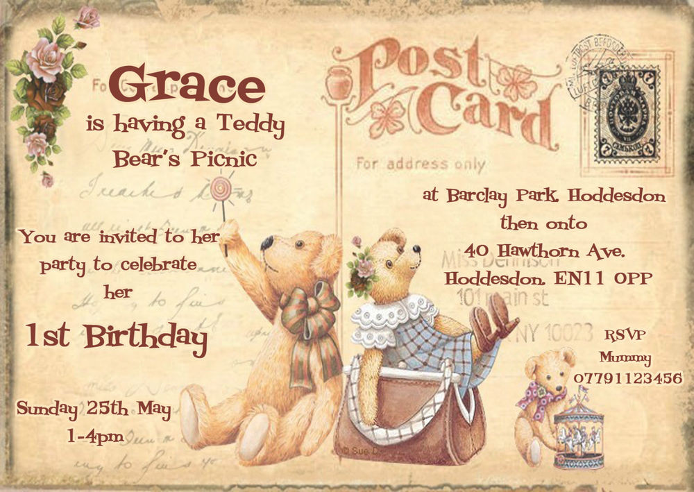 Postcard Birthday Invitations
 Personalised childrens 1st birthday TEDDY BEARS PICNIC