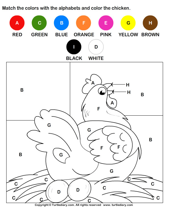 Preschool Coloring Sheets Of A Chicken Free Printable
 Color the Chicken by Alphabets Worksheet Turtle Diary