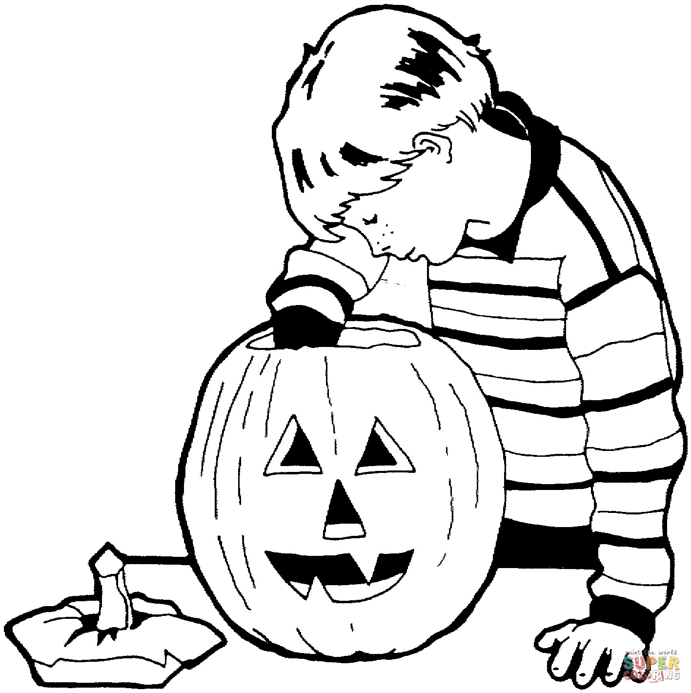 Pumpkin Coloring Sheets For Boys
 Little boy is carving the pumpkin coloring page