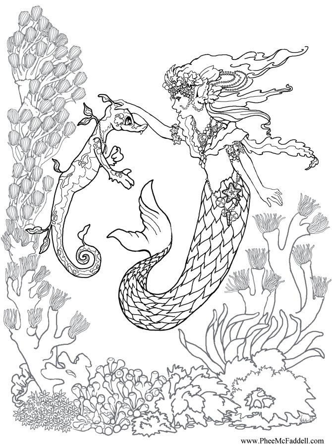 Realistic Mermaid Coloring Pages For Adults
 mermaid training a seahorse coloring page