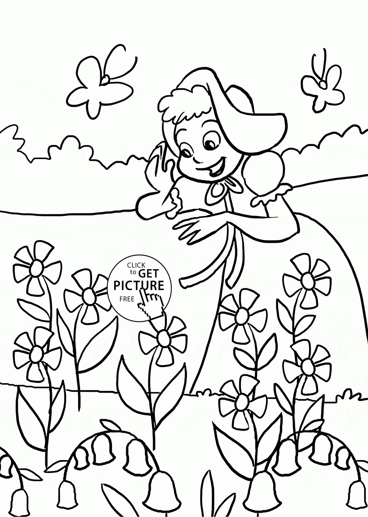 Spring Fling Coloring Sheets For Kids
 Happy Girl and Spring Flowers coloring page for kids