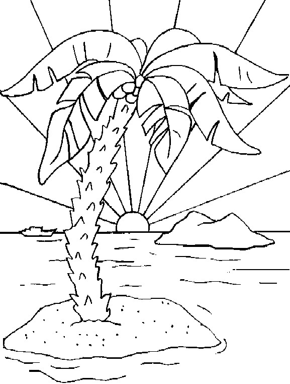 Sunset Coloring Pages
 Coloring a deserted island with a sunset in the sea picture