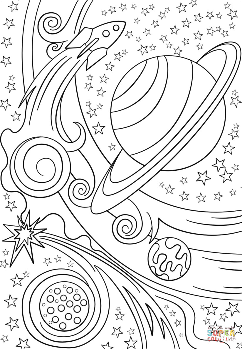 Trippy Coloring Book Pages
 Trippy Space Rocket and Planets coloring page