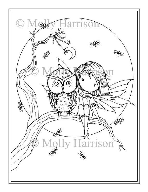 Whimsical World Coloring Book Pages
 Little Fairy Owl Fireflies Moon Coloring Page