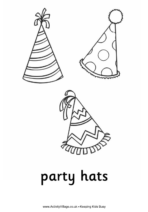 Word Party Coloring Pages
 Party hats colouring page with word underneath