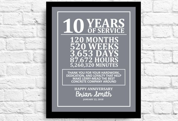 Work Anniversary Gift Ideas
 Customizable 10 Year Employee Gift Years of Employment Work