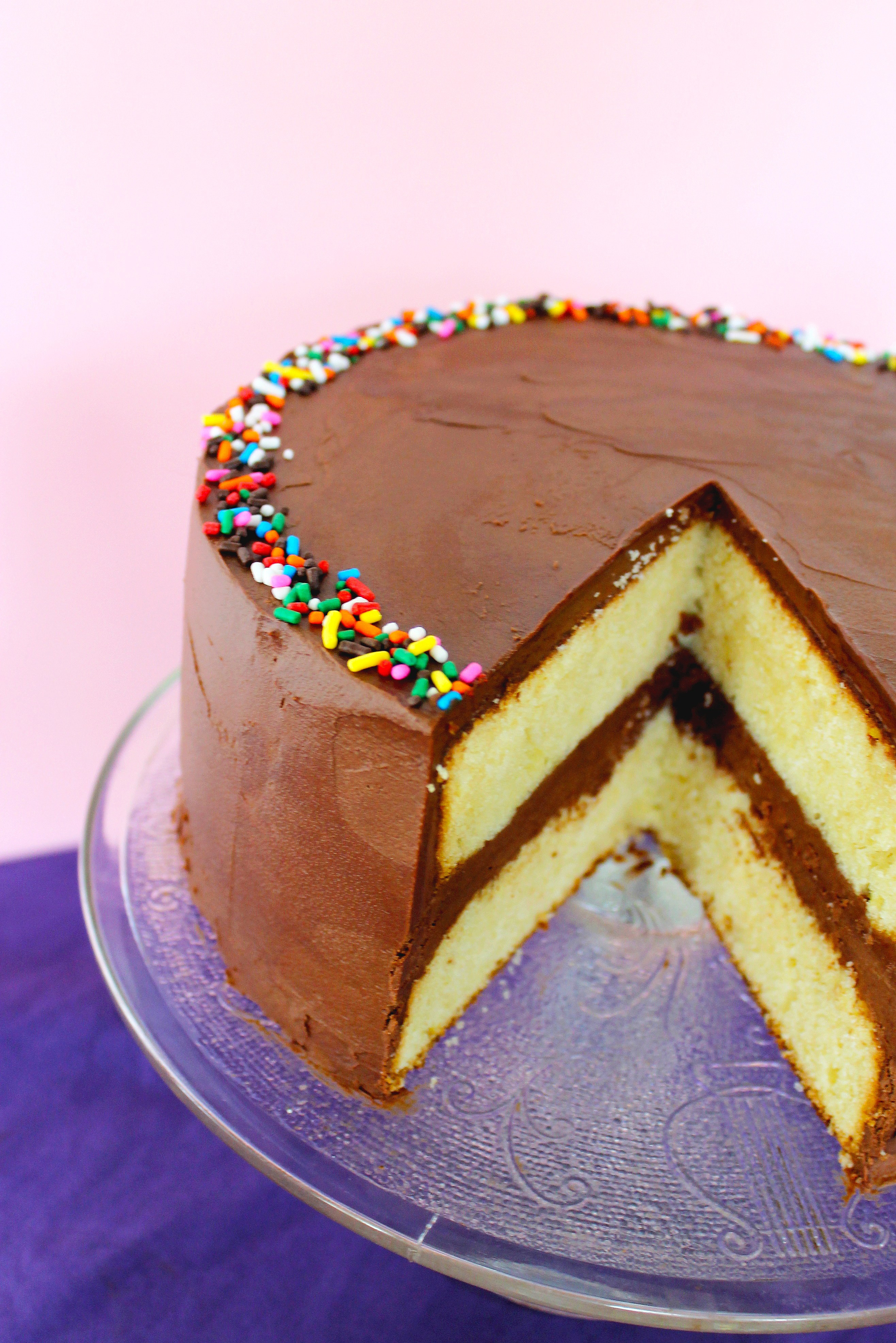 Yellow Birthday Cake
 Yellow Birthday Cake with Fluffy Chocolate Ganache Frosting