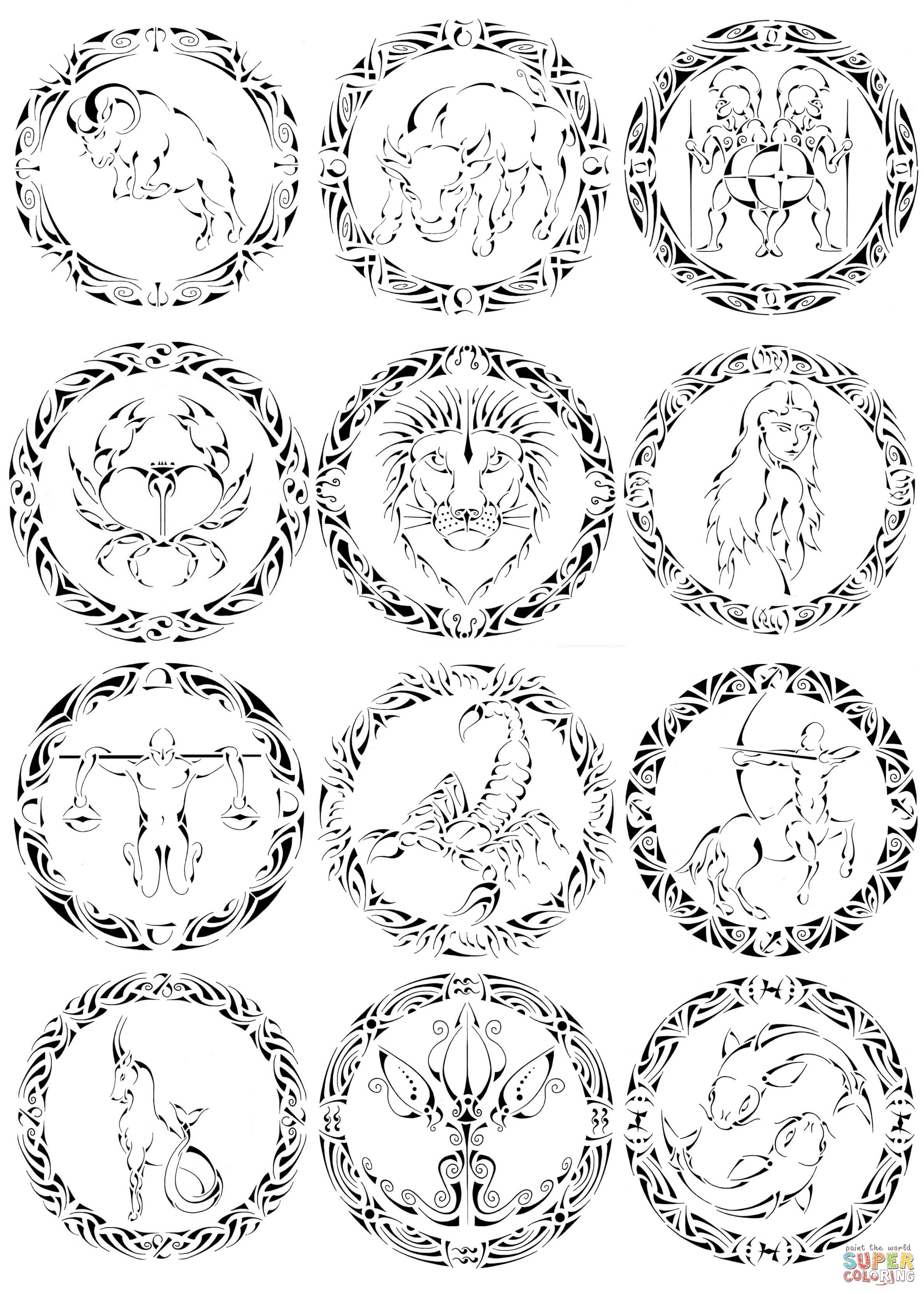 Zodiac Coloring Pages
 Zodiac Signs by Curvy Tribal coloring page