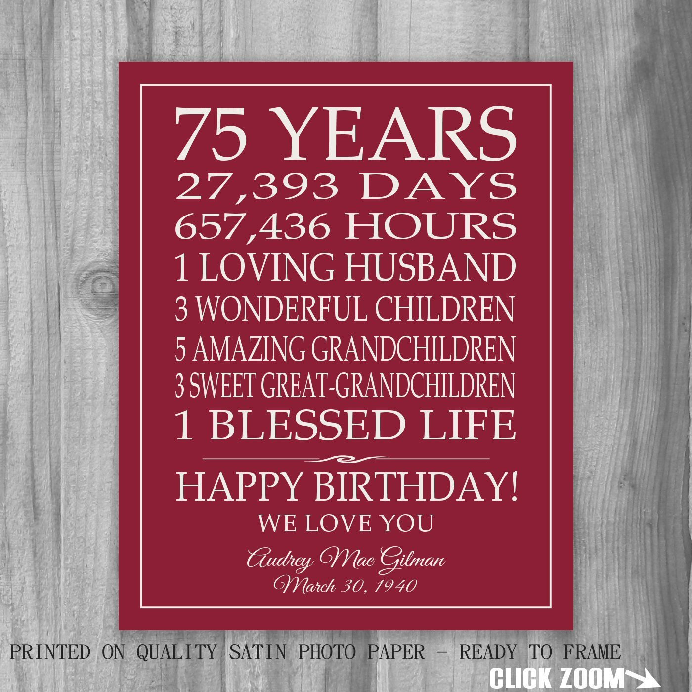 Best ideas about 75Th Birthday Gift Ideas For Mom
. Save or Pin 75th BIRTHDAY GIFT Sign Print Personalized Art Mom Dad Grandma Now.