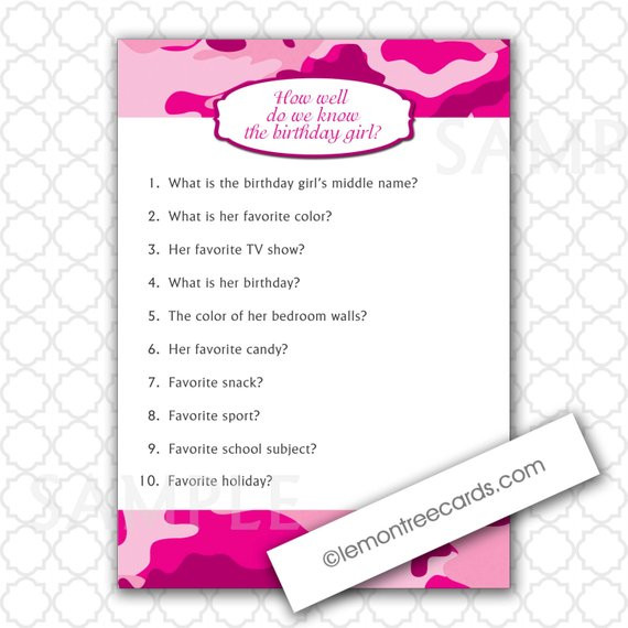 Best ideas about Birthday Party Games For Girls
. Save or Pin Pink Camo Party Game How well do we know the birthday girl Now.