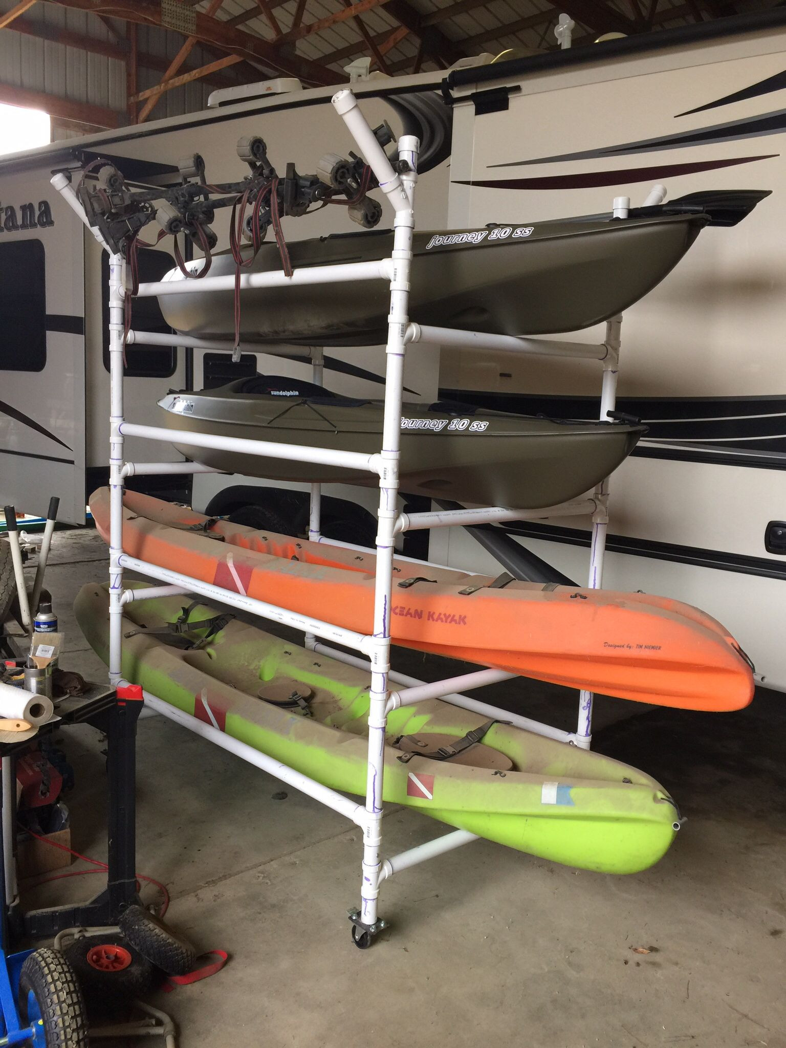 Best ideas about Kayak Storage Racks DIY
. Save or Pin Homemade PVC kayak rack can store 4 kayaks paddles Now.