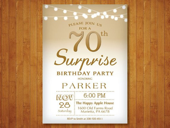 Best ideas about Surprise 70th Birthday Invitations
. Save or Pin Surprise 70th Birthday Invitation Gold and White String Now.