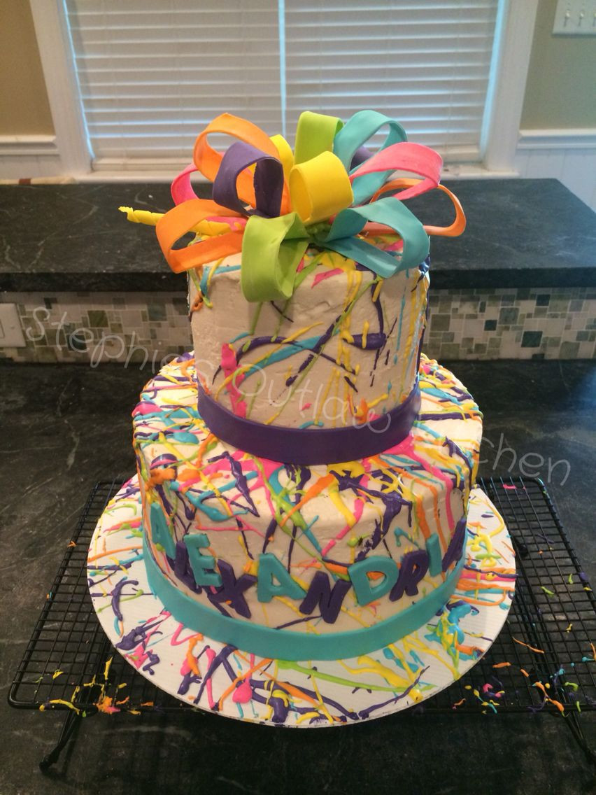 Best ideas about Two Tiered Birthday Cake
. Save or Pin Paint splattered 2 tier birthday cake with fondant ribbon Now.