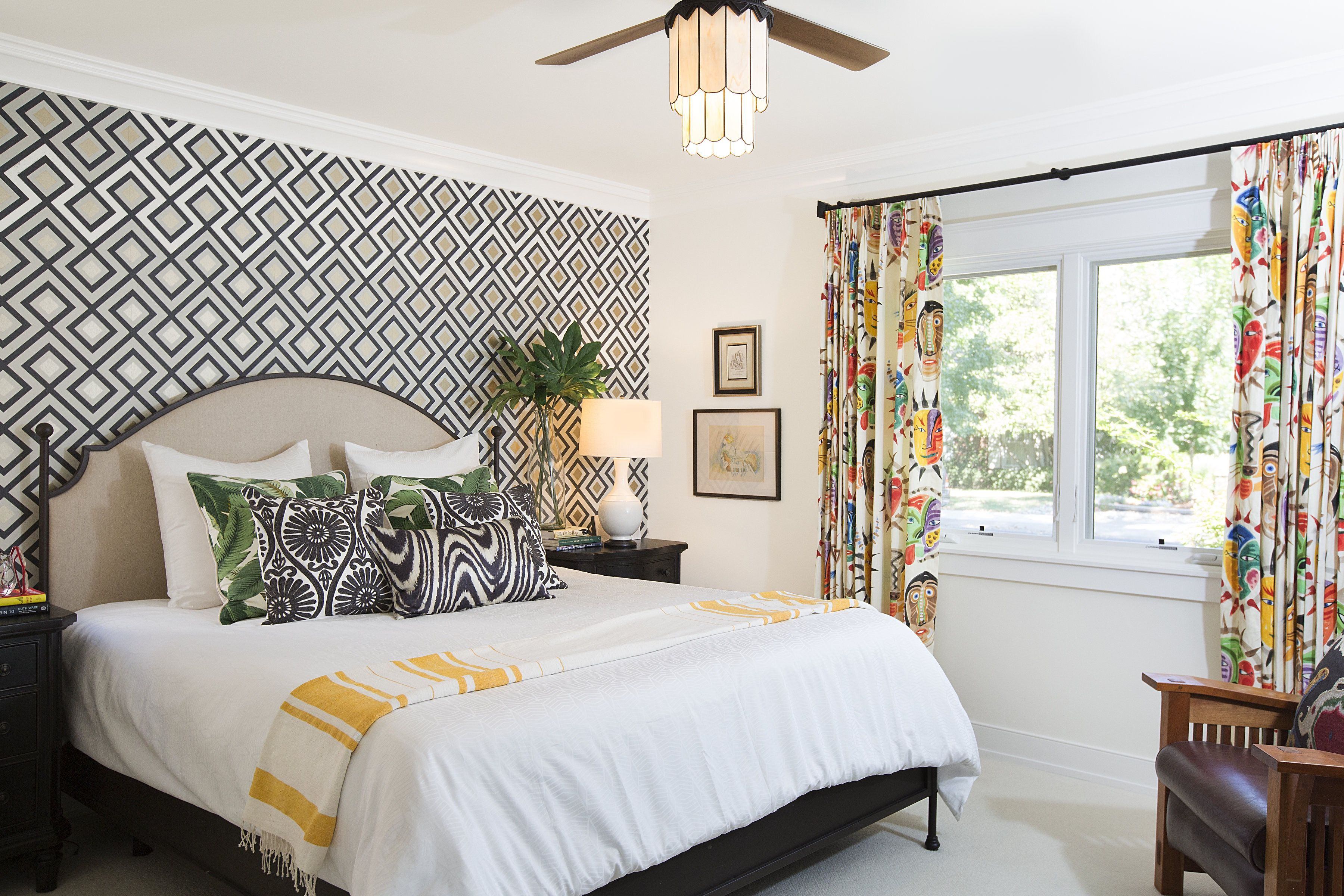 Best ideas about Accent Wallpaper Bedroom
. Save or Pin Accent wall with geometric wallpaper and colorful drapery Now.