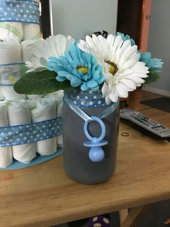 Best ideas about Baby Shower Centerpieces DIY
. Save or Pin Finished mason jar centerpiece for boy baby shower Now.