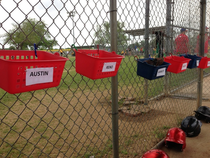 Best ideas about DIY Dugout Organizer
. Save or Pin Baskets for our Teeball team to put their glove and hat in Now.