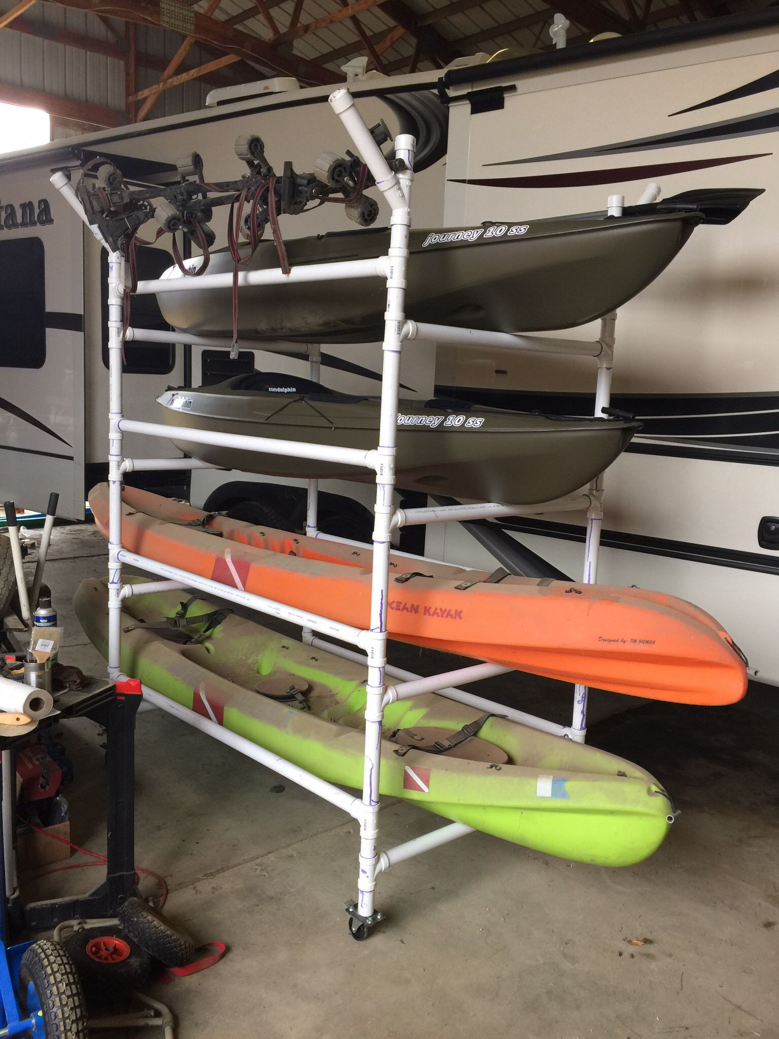 Best ideas about DIY Kayak Car Rack
. Save or Pin Homemade PVC kayak rack can store 4 kayaks paddles Now.
