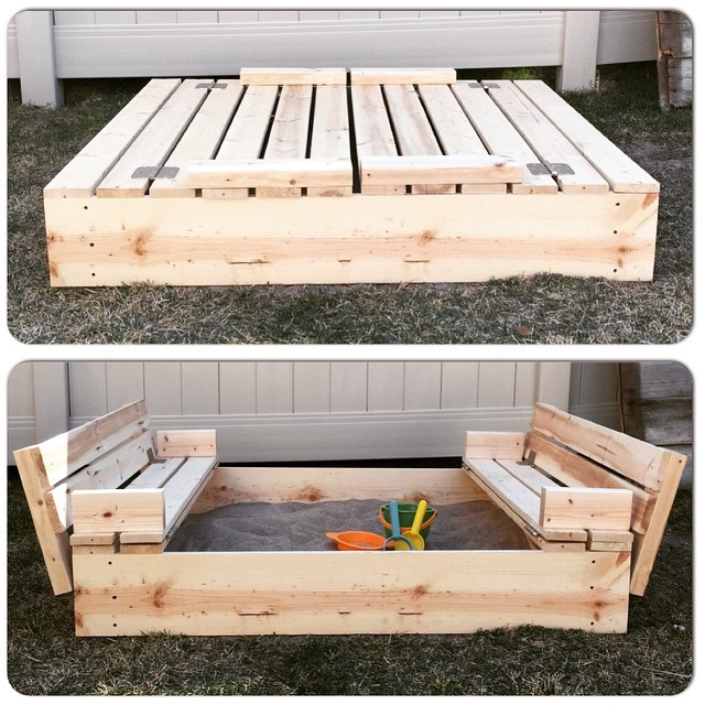 Best ideas about DIY Sandbox Cover
. Save or Pin DIY Sandbox with Fold Out Seats Mrs Happy Homemaker Now.