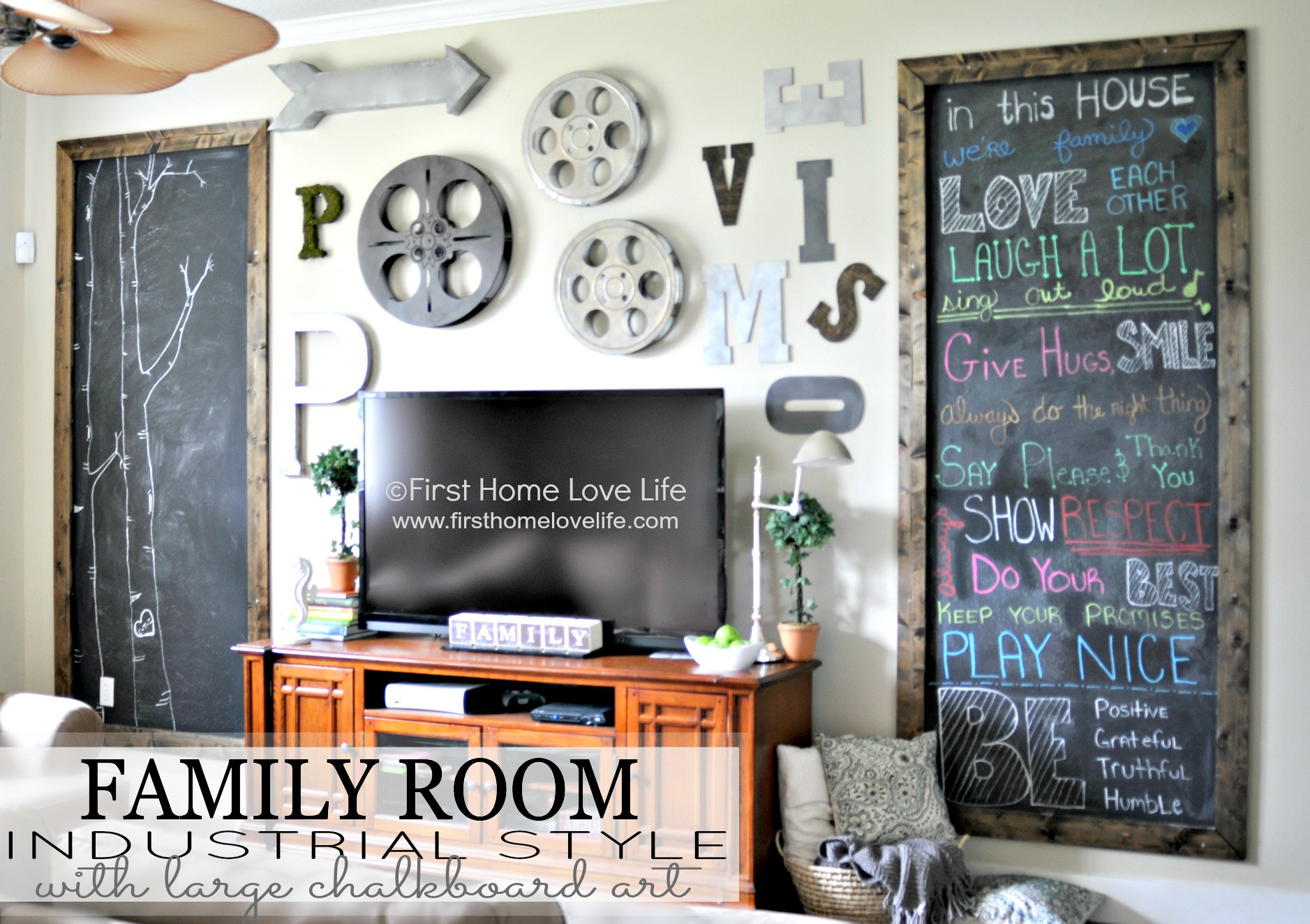 Best ideas about Family Room Wall Art
. Save or Pin Industrial Style Family Room Gallery Wall with Chalkboard Now.