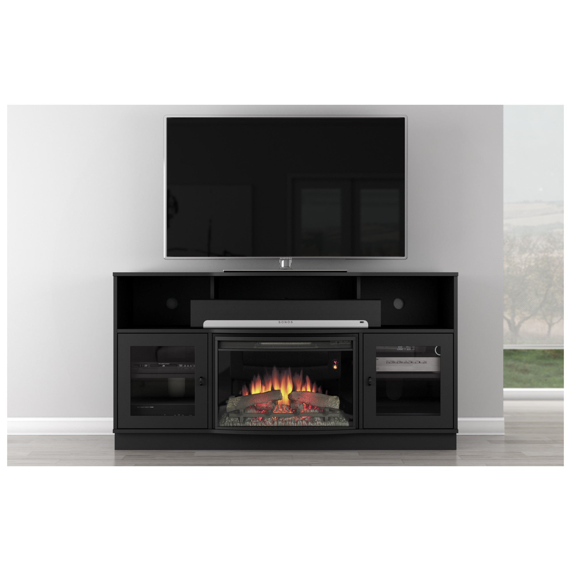 Best ideas about Fireplace Tv Stand Black
. Save or Pin Furnitech FT64CF B 66" TV Stand Contemporary w Curved Now.