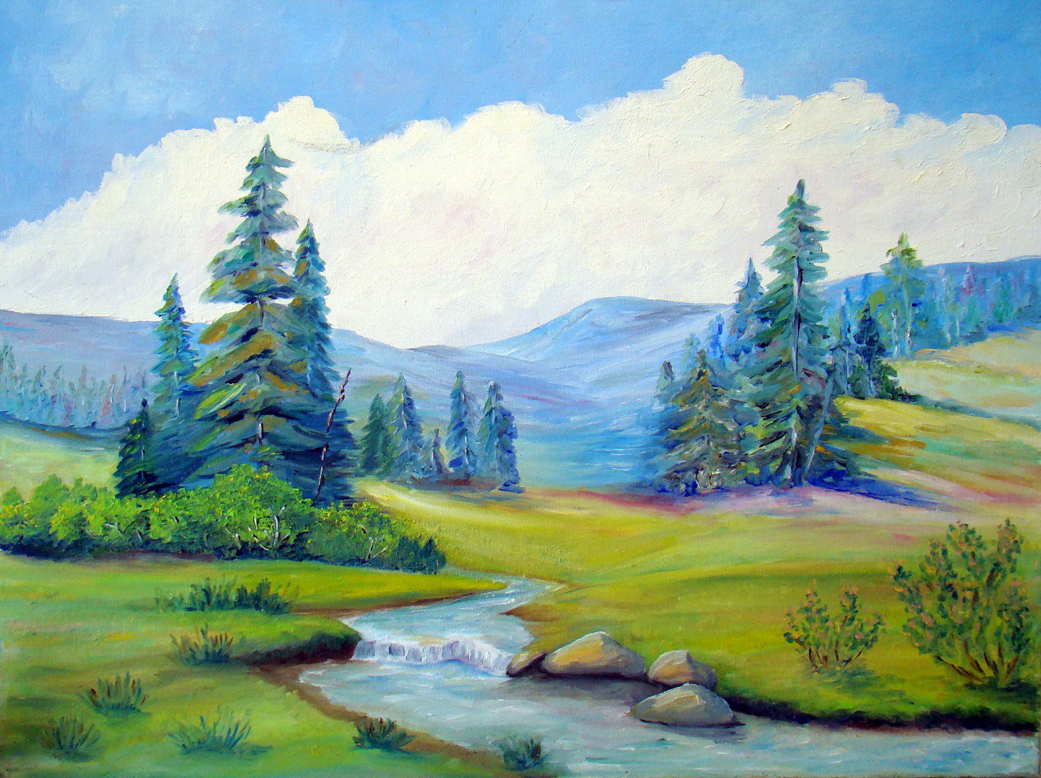 Best ideas about Mountain Landscape Painting
. Save or Pin vintage landscape painting Mountains trees stream bright Now.