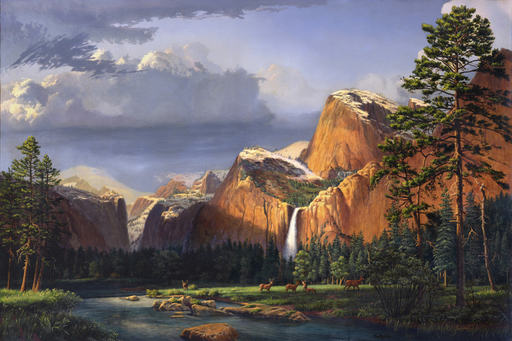 Best ideas about Mountain Landscape Painting
. Save or Pin Deer in Meadow Stream Mountains Waterfall Landscape Now.