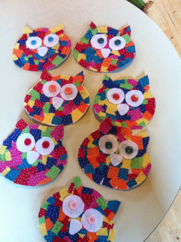 Best ideas about Preschoolers Arts And Crafts
. Save or Pin Cardboard owl cutout Small fabric squares glued on to Now.