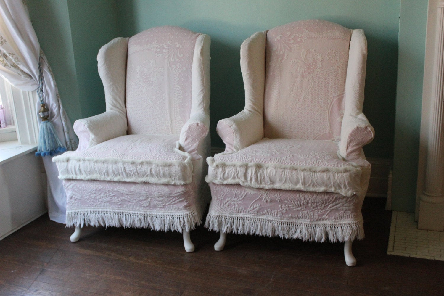 Best ideas about Shabby Chic Slipcovers For Wingback Chairs
. Save or Pin shabby chic wingback chair pair pink white vintage matelasse Now.