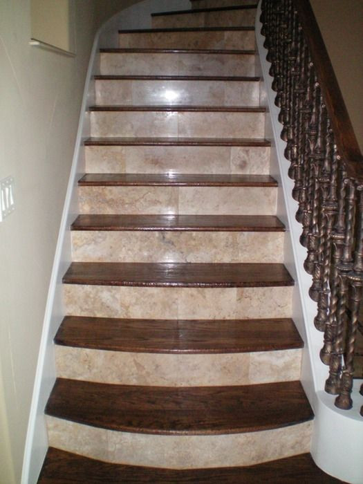 Best ideas about Tile On Stairs
. Save or Pin Stair Case Natural Stone Risers White painted risers Now.
