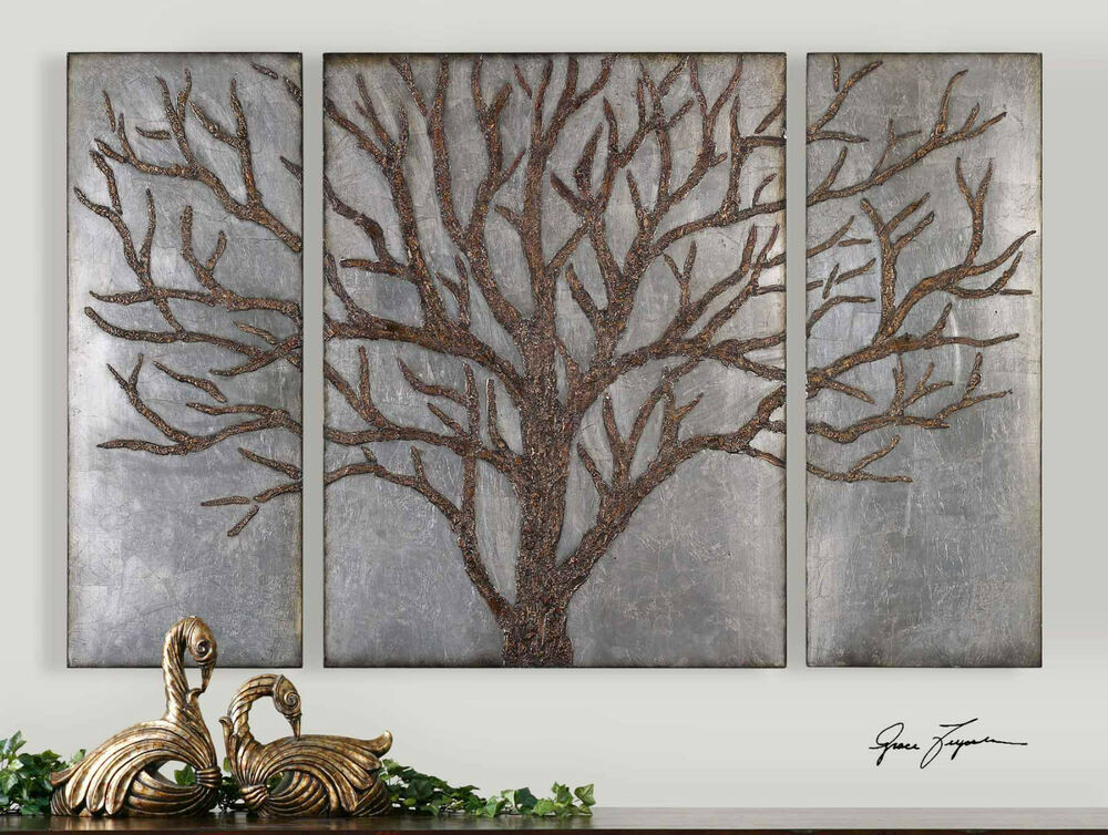 Best ideas about Tree Wall Art
. Save or Pin 60" SET OF THREE BROWN TREE SILVER LEAF WALL ART PANELS Now.