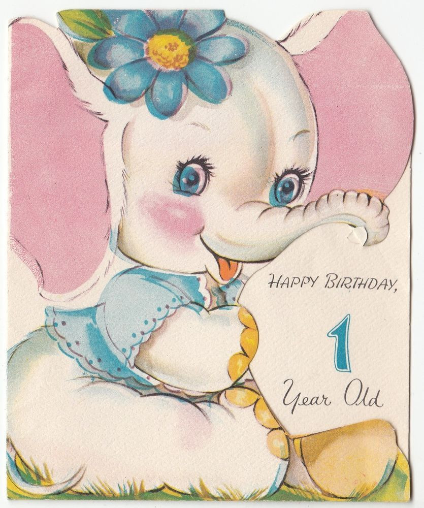 Best ideas about 1 Year Old Birthday Card
. Save or Pin Baby White Elephant Girl with Flower Vintage 1 year old Now.