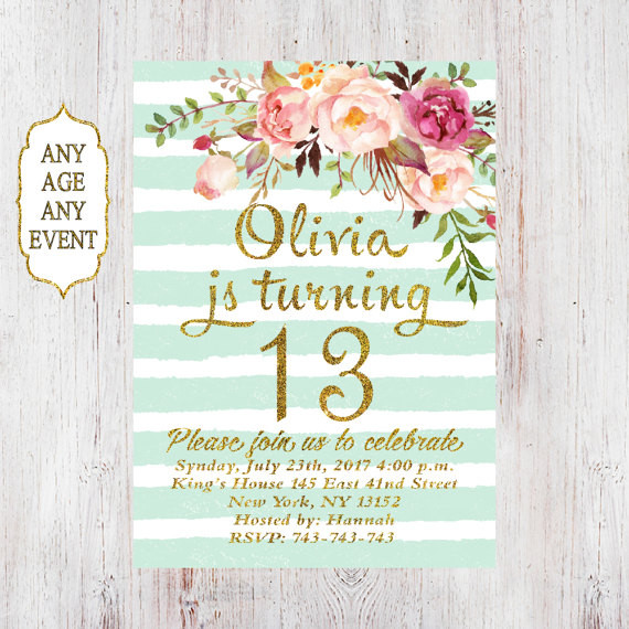 Best ideas about 13th Birthday Invitations
. Save or Pin Floral birthday invitation 13th birthday invitations girl mint Now.