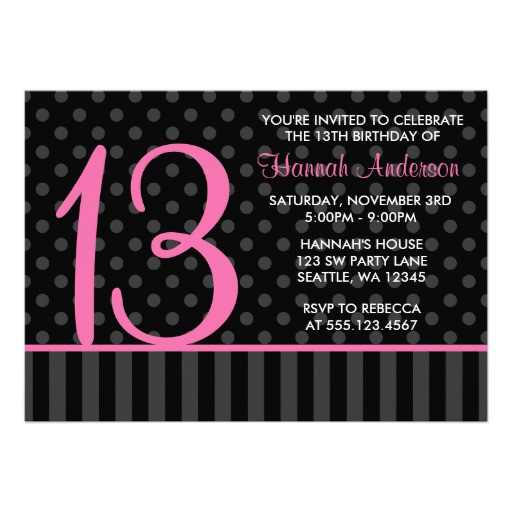 Best ideas about 13th Birthday Invitations
. Save or Pin 13th Birthday Pink and Black Polka Dot Stripes 5" X 7 Now.