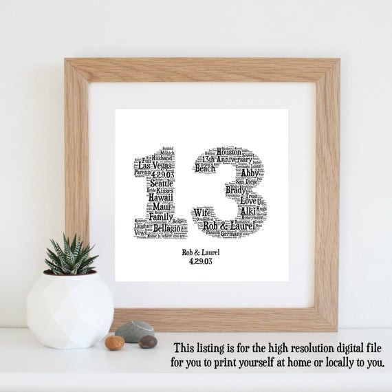 Best ideas about 13Th Wedding Anniversary Gift Ideas
. Save or Pin Personalised 13th ANNIVERSARY GIFT Word Art by WordlyDesigns Now.