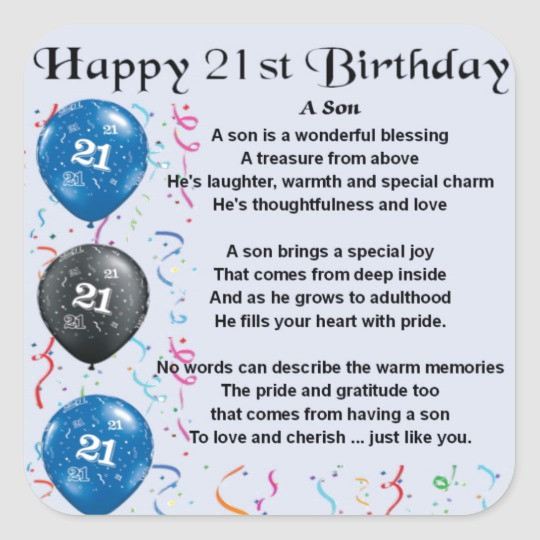 Best ideas about 21st Birthday Quotes For Son
. Save or Pin Son Poem 21st Birthday Design Square Sticker Now.