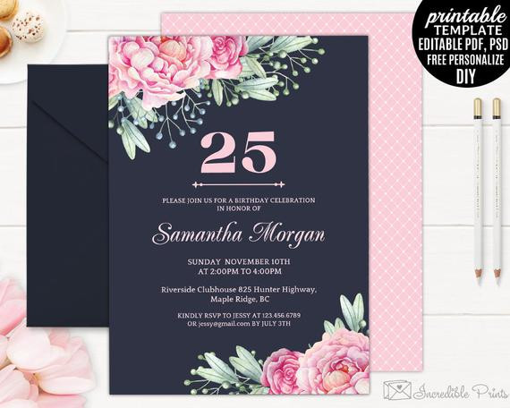 Best ideas about 25th Birthday Invitations
. Save or Pin Navy 25th Birthday Invitation Template Printable Pink Now.