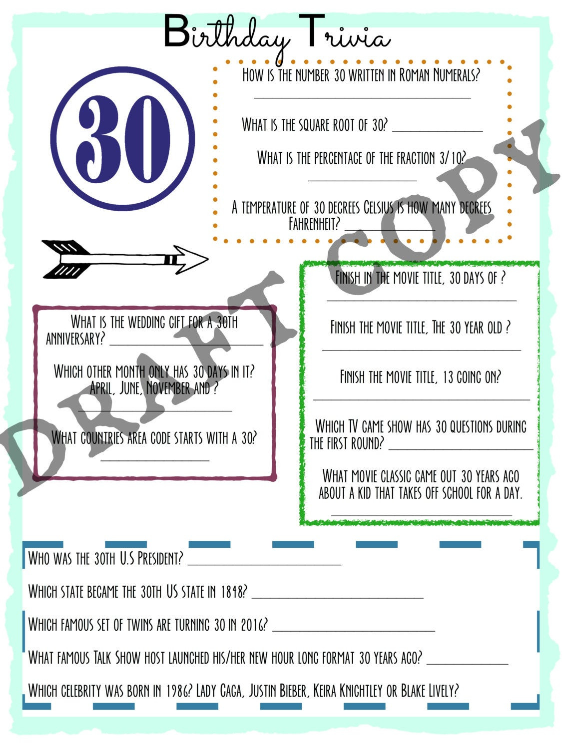 Best ideas about 30th Birthday Party Games
. Save or Pin 30th Birthday Trivia Game Instant Download Everything to Now.