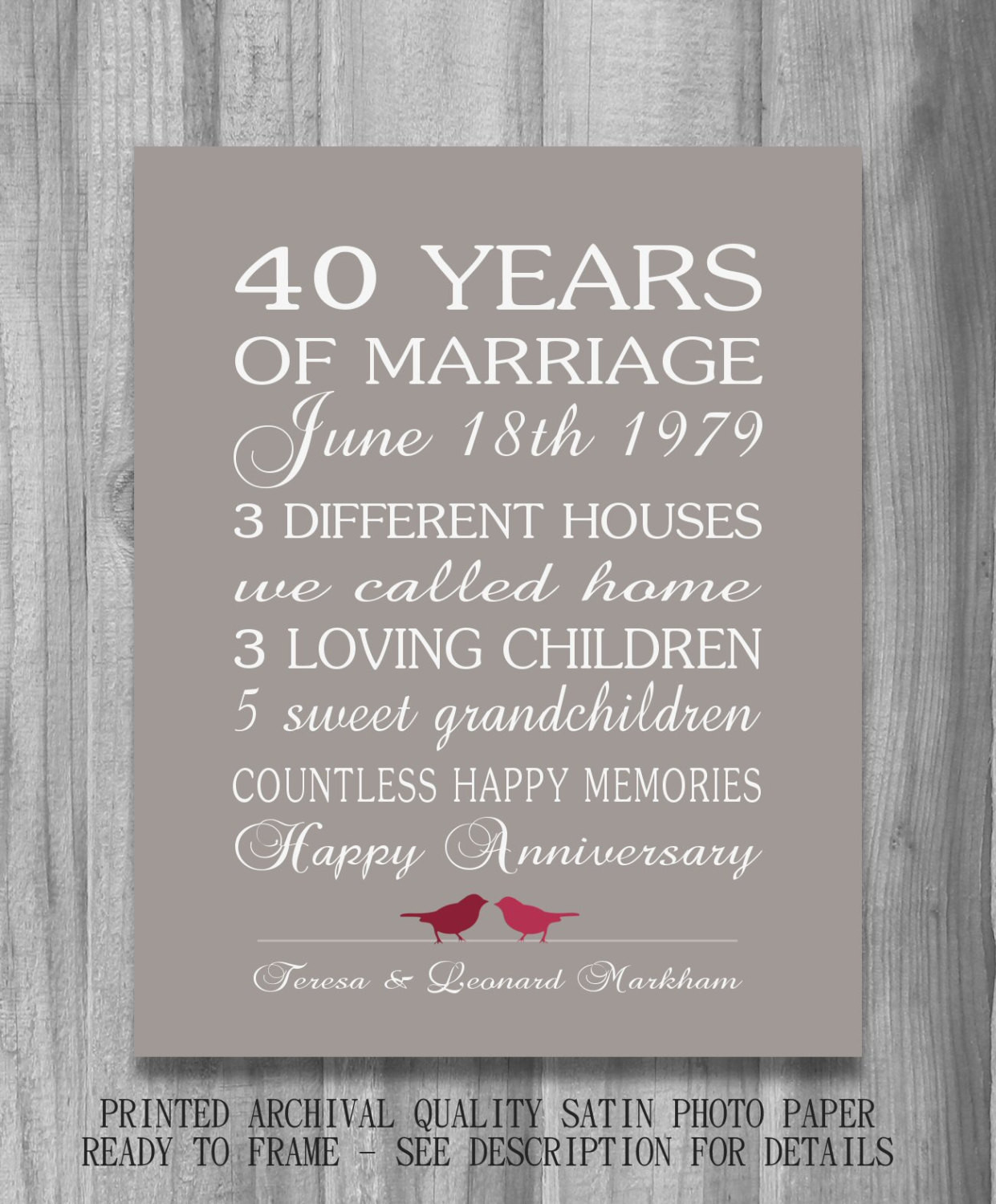 Best ideas about 40Th Wedding Anniversary Gift Ideas
. Save or Pin 4Oth Wedding Anniversary Gift RUBY Personalized Birds CUSTOM Now.