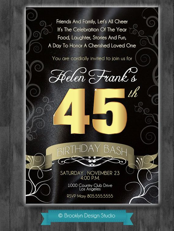 Best ideas about 45th Birthday Ideas
. Save or Pin 45th Birthday Bash Custom Designed Invitation Black Now.