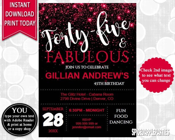 Best ideas about 45th Birthday Ideas
. Save or Pin 45th Birthday Birthday Invitation Birthday Party Adult Now.
