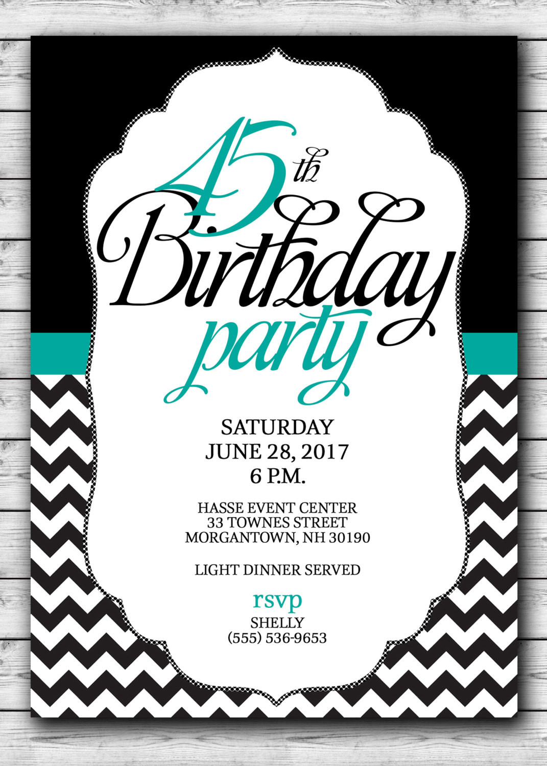 Best ideas about 45th Birthday Ideas
. Save or Pin 45th Birthday PARTY Invitation Black with a touch of teal or Now.