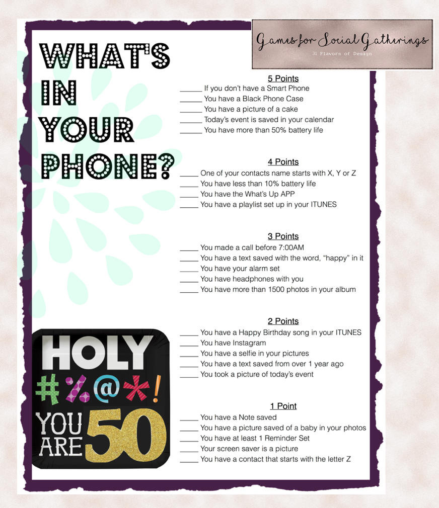 Best ideas about 50th Birthday Party Games
. Save or Pin 50th Birthday Party Game Whats in your phone Birthday Now.