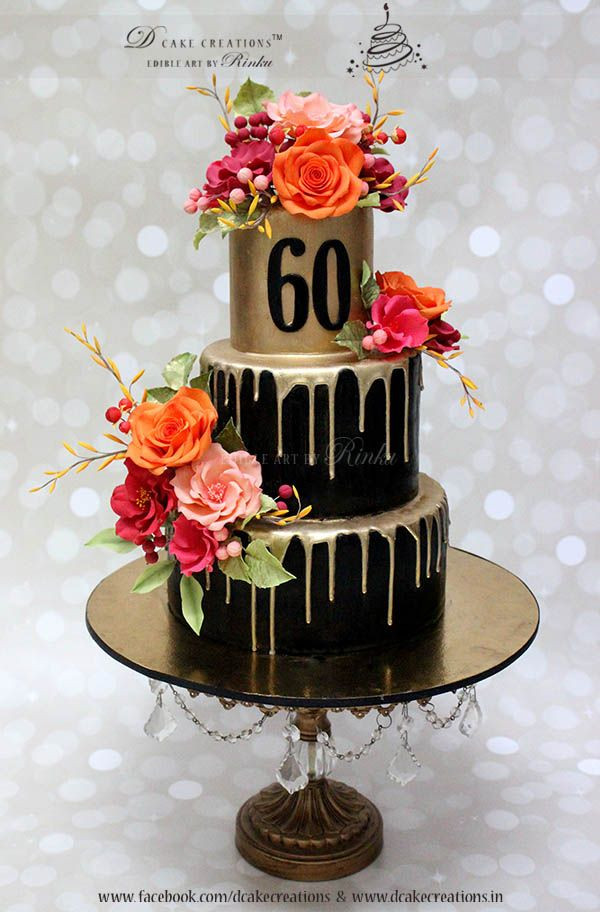 Best ideas about 60th Birthday Cake Ideas
. Save or Pin Three Tier Black & Gold Cake with Sugar Flowers for 60th Now.