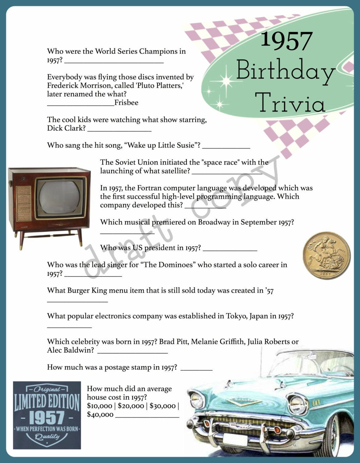 Best ideas about 60th Birthday Party Game
. Save or Pin 1957 Year Birthday Trivia Game 60th Birthday Now.