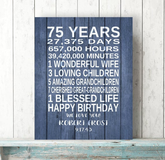 Best ideas about 75Th Birthday Gift Ideas For Dad
. Save or Pin 75th BIRTHDAY GIFT Personalized Birthday Art Print Canvas Dad Now.