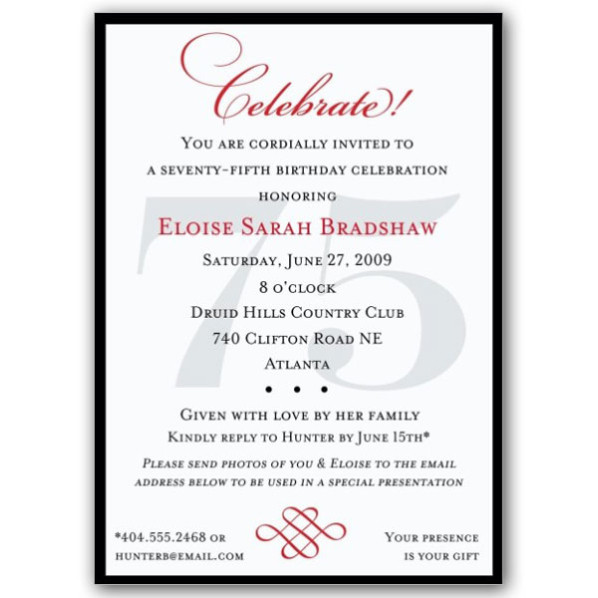 Best ideas about 75th Birthday Party Invitations
. Save or Pin Classic 75th Birthday Celebrate Party Invitations Now.