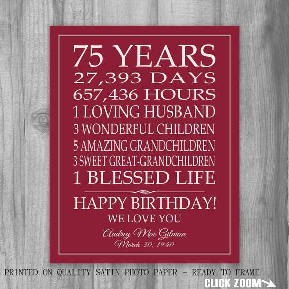 Best ideas about 75th Birthday Quotes
. Save or Pin 75th BIRTHDAY GIFT Sign Print Personalized Art Mom Dad Grandma Now.